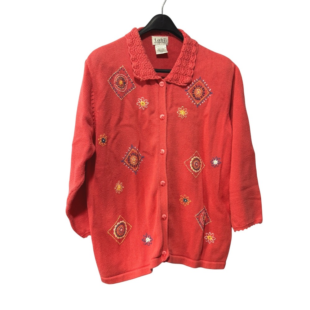Tabi International Womens Coral Pink‎ Embroidered Cotton Cardigan Sweater Large